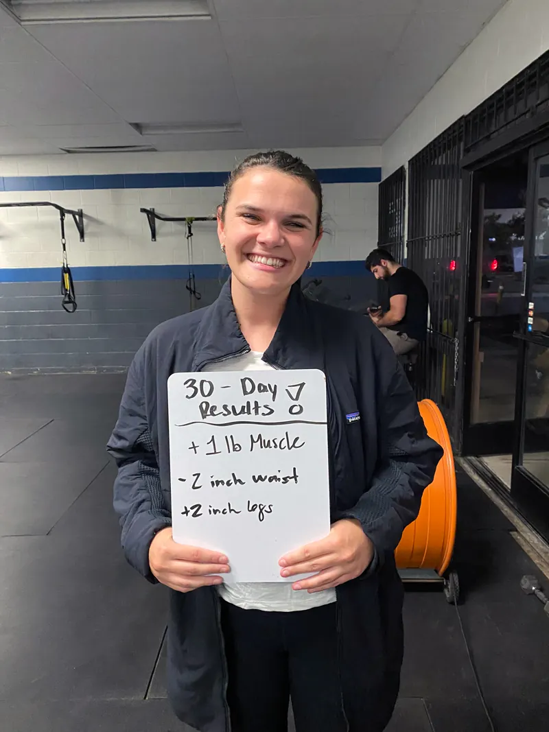 30-day results — Muscle gain · waist loss — Latitude 32 Fitness member